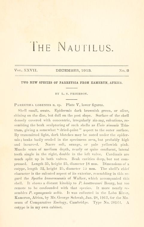 Media of type text, Frierson 1913. Description:The Nautilus, vol. XXVII, no. 8