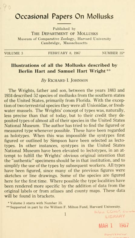 Media type: text, Johnson 1967. Description: Illustrations of all the mollusks described by Berlin Hart and Samuel Hart Wright