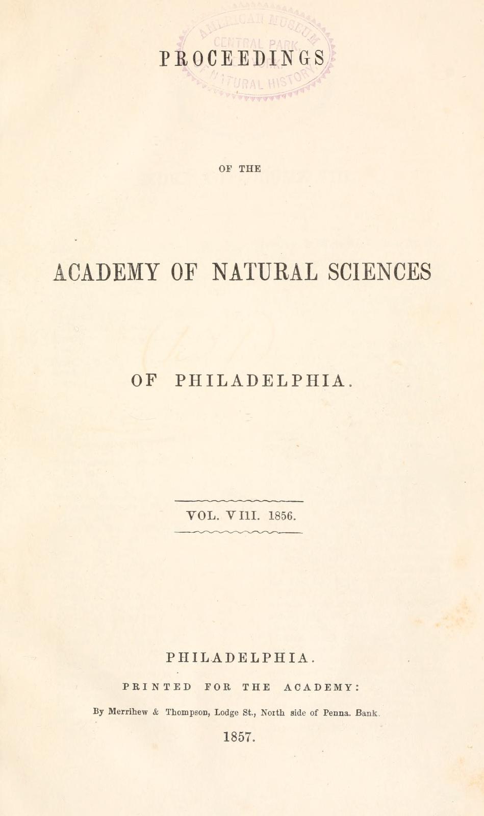 Media type: text; Lea 1856 Description: Proceedings of the Academy of Natural Sciences of Philadelphia, vol. 8;